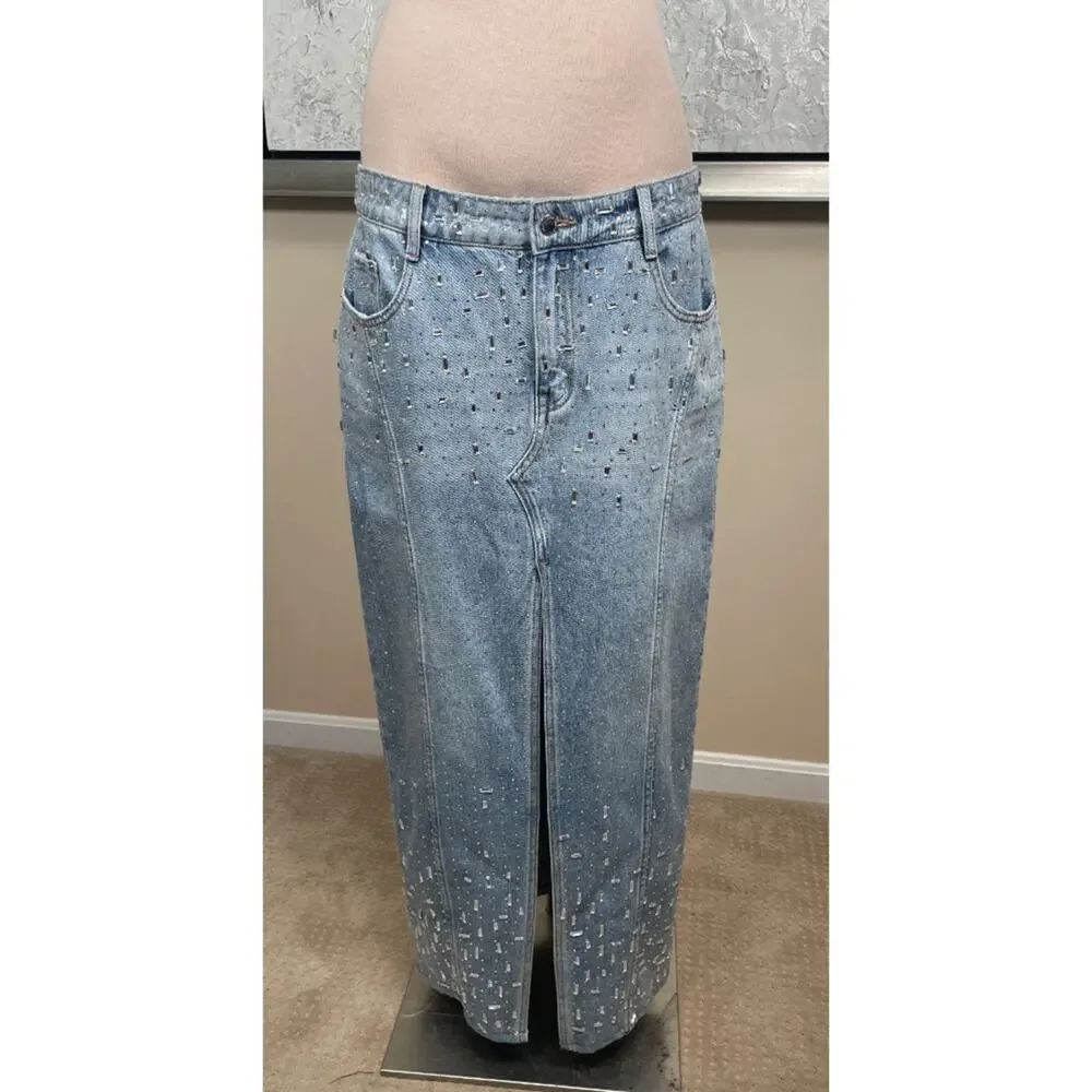 RETROFETE Palermo Sequin Embellished Denim Maxi Skirt Size 32